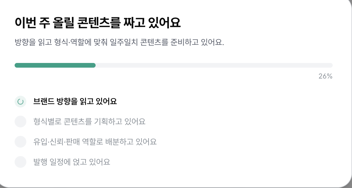한큐로가 브랜드 방향을 읽고 이번 주 콘텐츠를 기획하는 중인 화면 (진행률 26%)